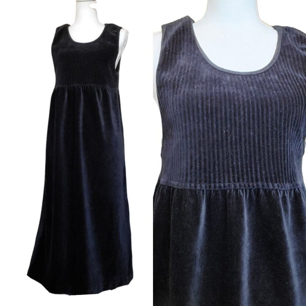 Vintage 90s Black Velour Ribbed Babydoll Midi Dress Sleeveless Layering Small